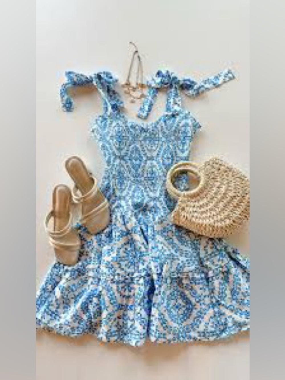 PinkLily White Dress with Blue Print Accent